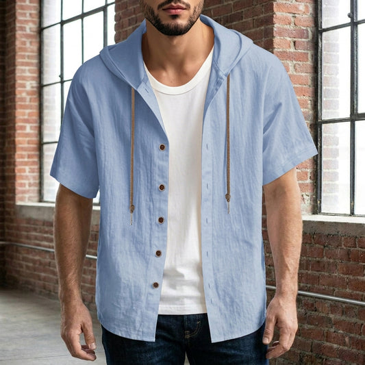 Cotton Linen Hooded Short Sleeve Shirt